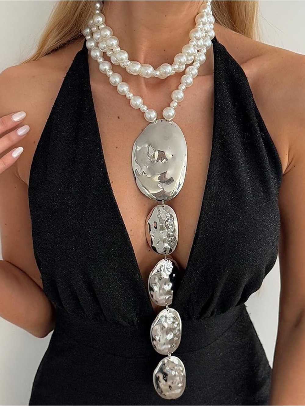 Anthropologie Pearl Layered Necklace with Silver Hammered Drops